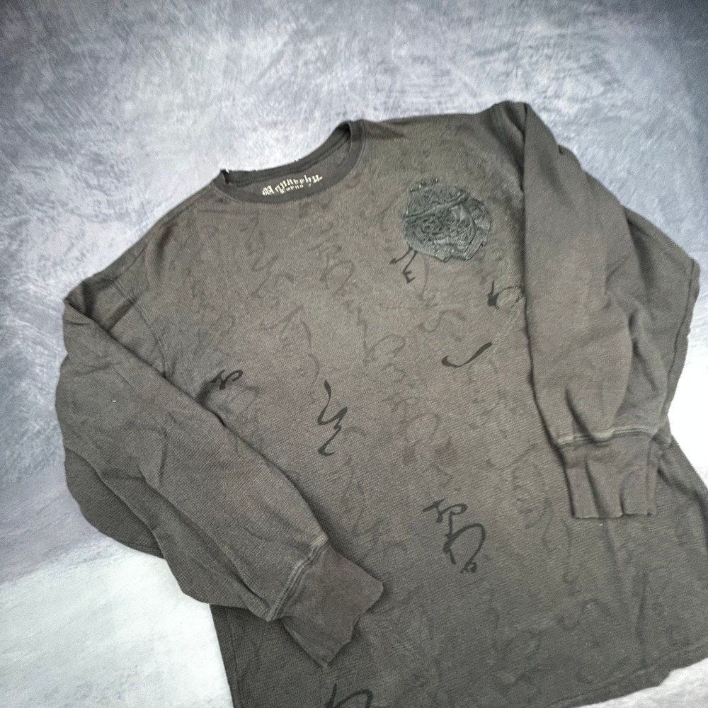 Monarchy Mens Large Thermal Long Sleeve Shirt Grunge Y2K Biker Applique Grey - Picture 2 of 8